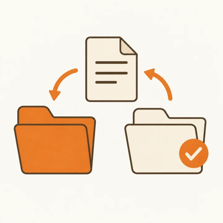 Two illustrated folders exchanging a document with an approval check